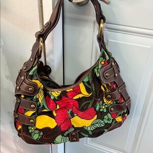 Isabella Fiore Brown and Red Hobo Bag with Floral Design